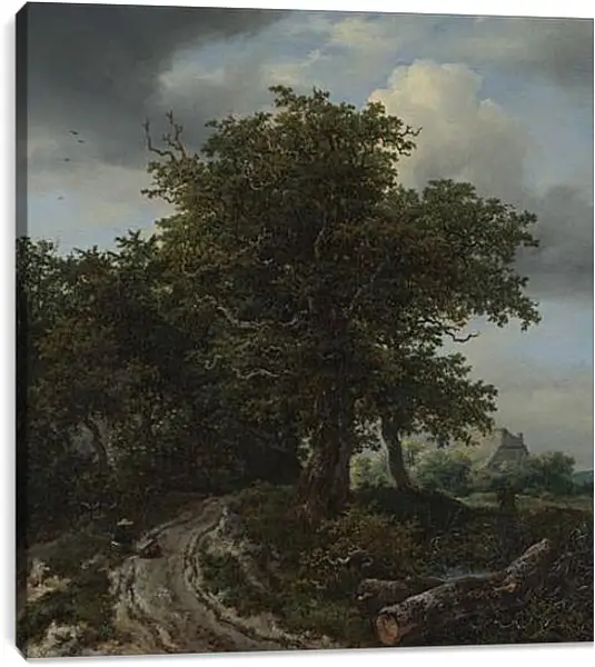 Постер на подрамнике - A Road winding between Trees towards a Distant Cottage. Якоб ван Рейсдал Постер на подрамнике - A Road winding between Trees towards a Distant Cottage. Якоб ван Рейсдал