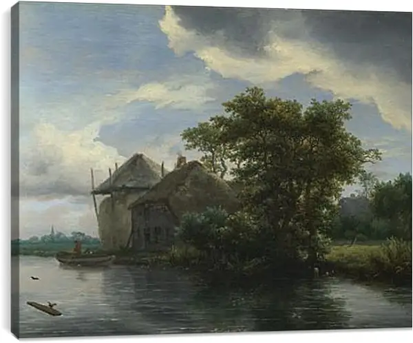 Постер на подрамнике - A Cottage and a Hayrick by a River. Якоб ван Рейсдал Постер на подрамнике - A Cottage and a Hayrick by a River. Якоб ван Рейсдал