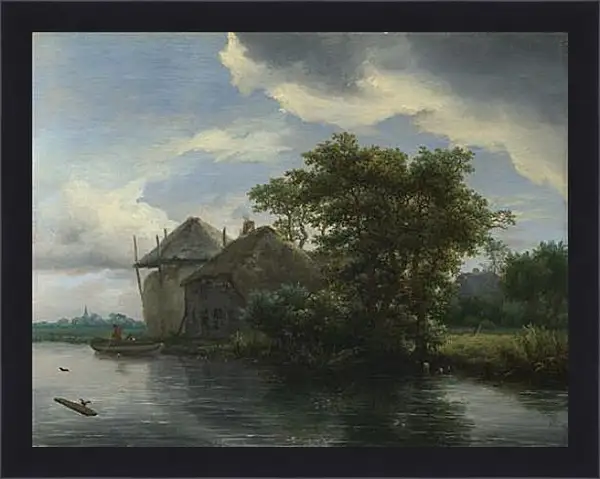 Картина в раме - A Cottage and a Hayrick by a River. Якоб ван Рейсдал Картина в раме - A Cottage and a Hayrick by a River. Якоб ван Рейсдал