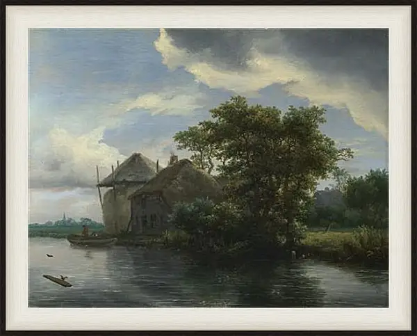 Картина в раме - A Cottage and a Hayrick by a River. Якоб ван Рейсдал Картина в раме - A Cottage and a Hayrick by a River. Якоб ван Рейсдал