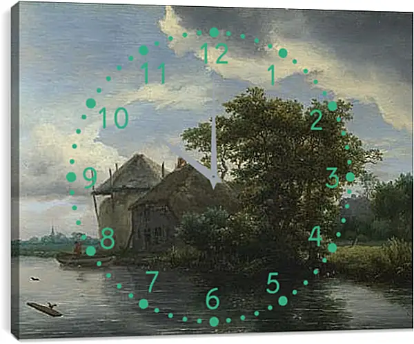 Часы картина - A Cottage and a Hayrick by a River. Якоб ван Рейсдал Часы картина - A Cottage and a Hayrick by a River. Якоб ван Рейсдал
