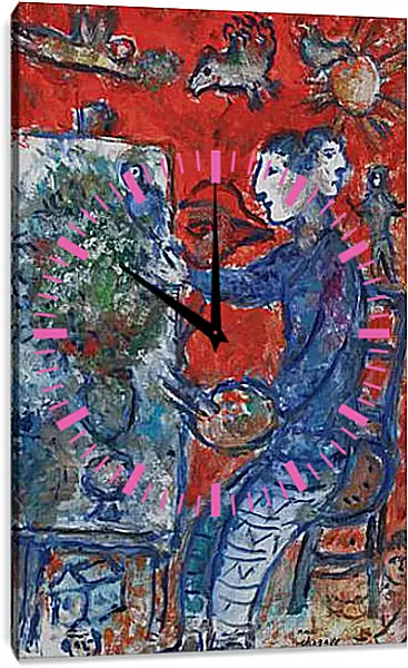 Часы картина - PEINTRE AU DOUBLE-PROFIL SUR FOND ROUGE Часы картина - PEINTRE AU DOUBLE-PROFIL SUR FOND ROUGE