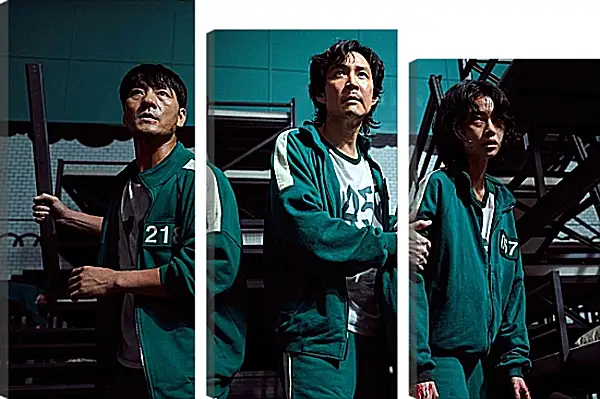 Модульная картина - Seong Gi-hoon №456, Jo Sang-woo №218, Kang Sae-byeok №067. Игра в кальмара Модульная картина - Seong Gi-hoon №456, Jo Sang-woo №218, Kang Sae-byeok №067. Игра в кальмара