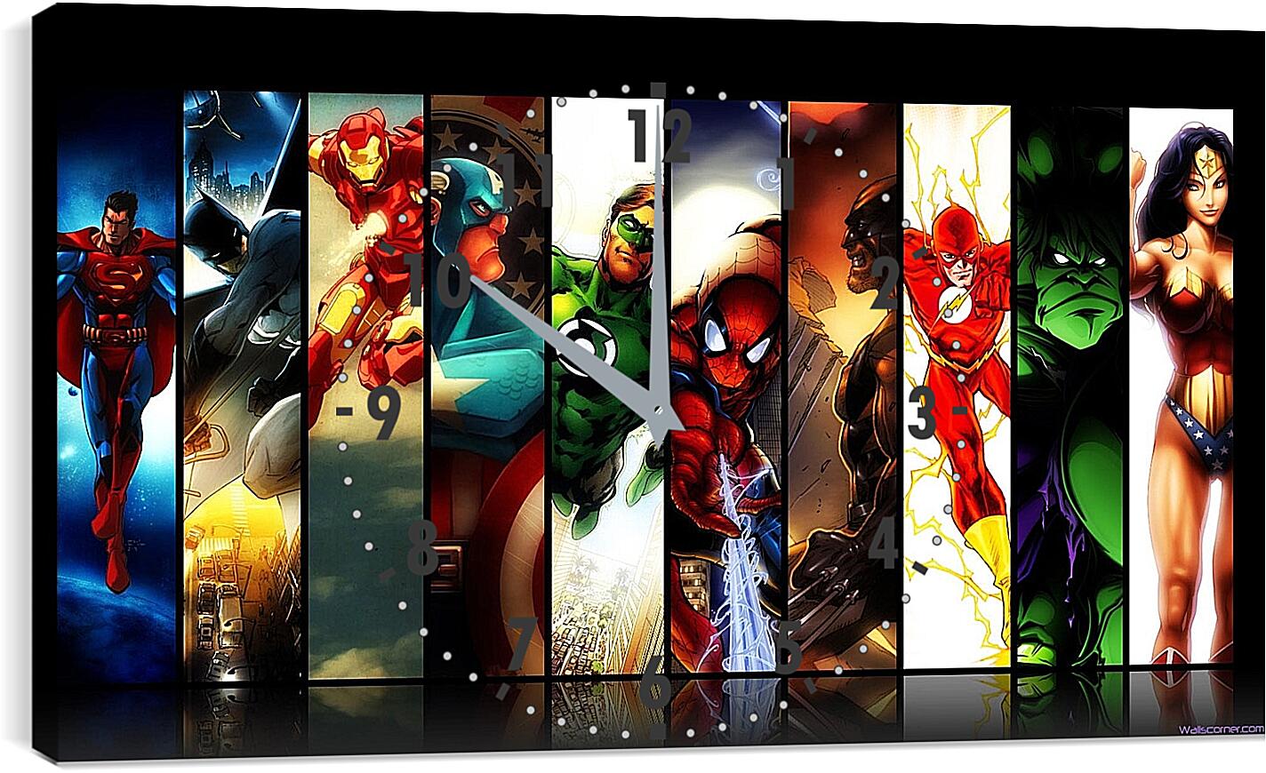Часы картина - Иллюстрация супергероев DC. Комиксы Marvel. Коллаж