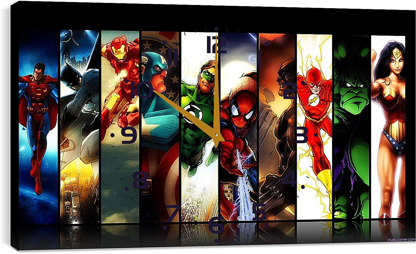 Часы картина - Иллюстрация супергероев DC. Комиксы Marvel. Коллаж