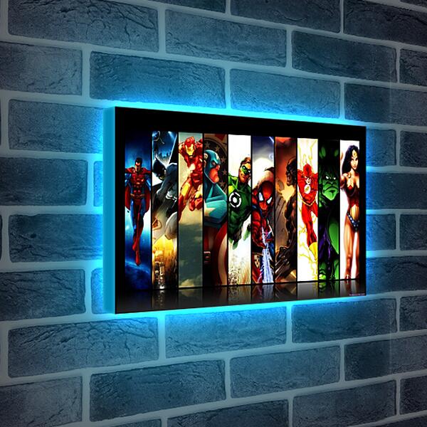 Лайтбокс световая панель - Иллюстрация супергероев DC. Комиксы Marvel. Коллаж