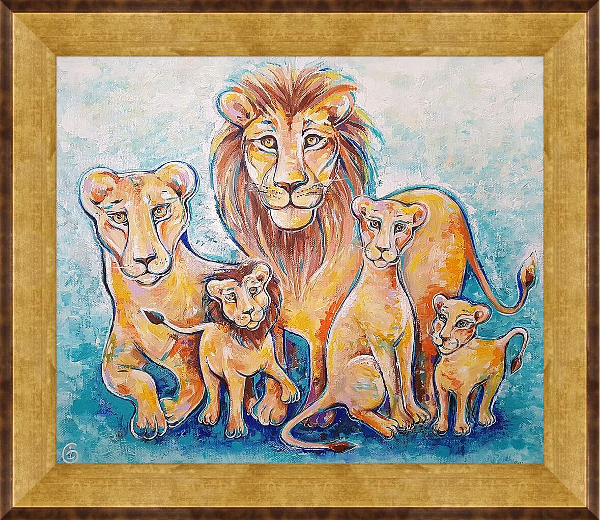 Картина в раме - Львиное семейство
