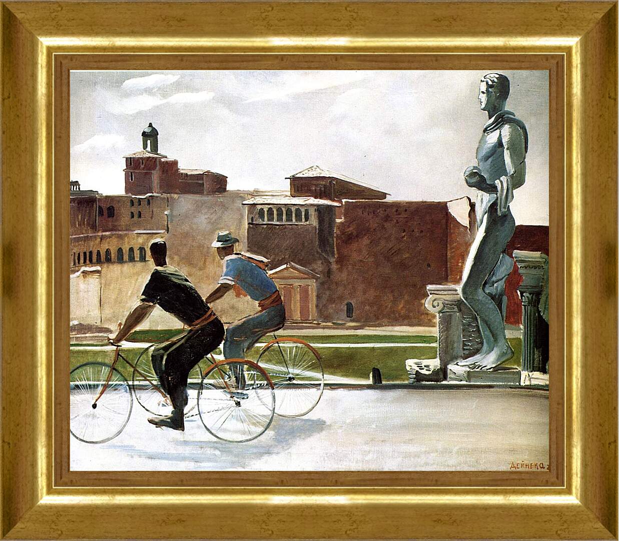 Картина в раме - Итальянские рабочие на велосипедах. Александр Дейнека