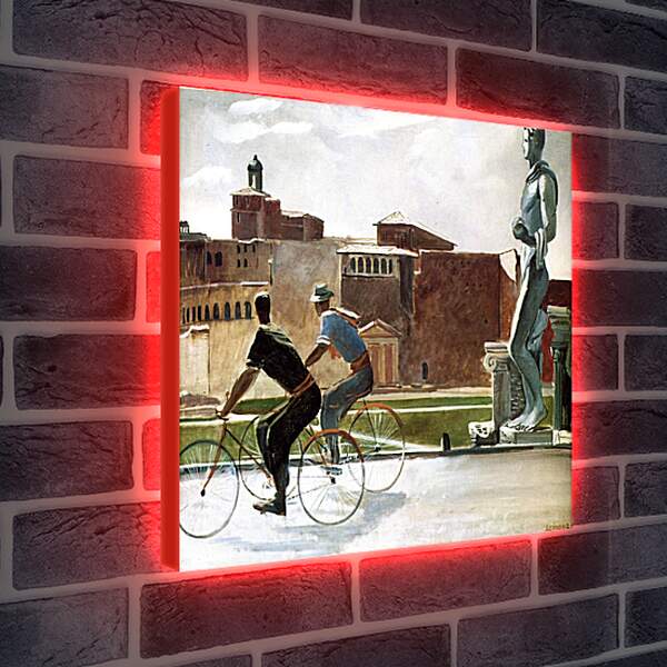 Лайтбокс световая панель - Итальянские рабочие на велосипедах. Александр Дейнека