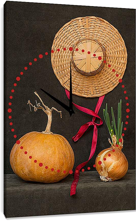Часы картина - Натюрморт с тыквой, луком и шляпой