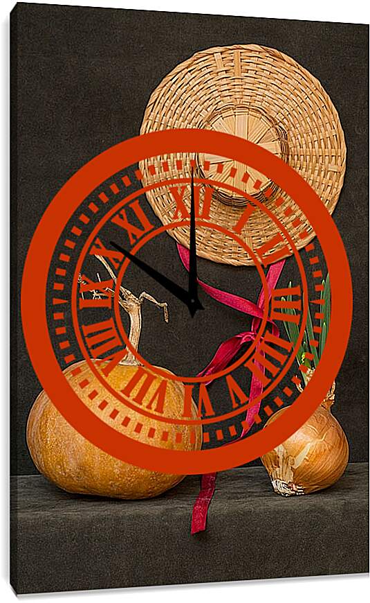 Часы картина - Натюрморт с тыквой, луком и шляпой
