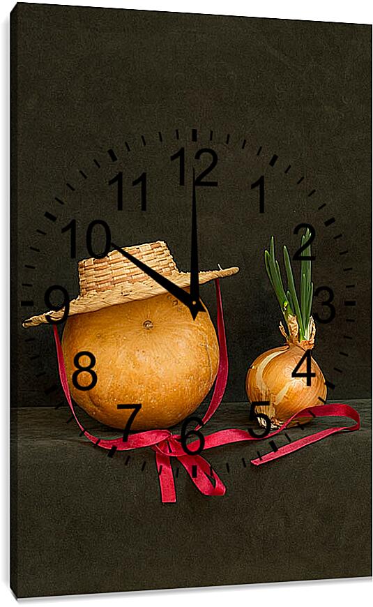 Часы картина - Натюрморт с тыквой, луком и шляпой 2