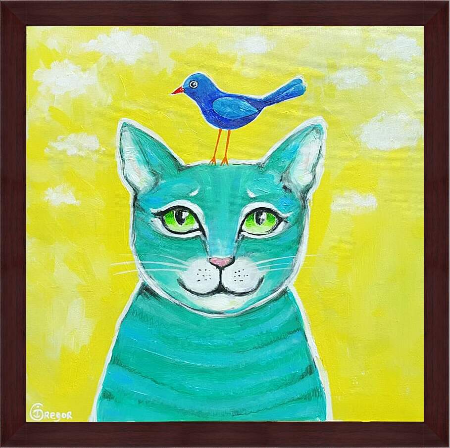 Картина в раме - Кот и птичка