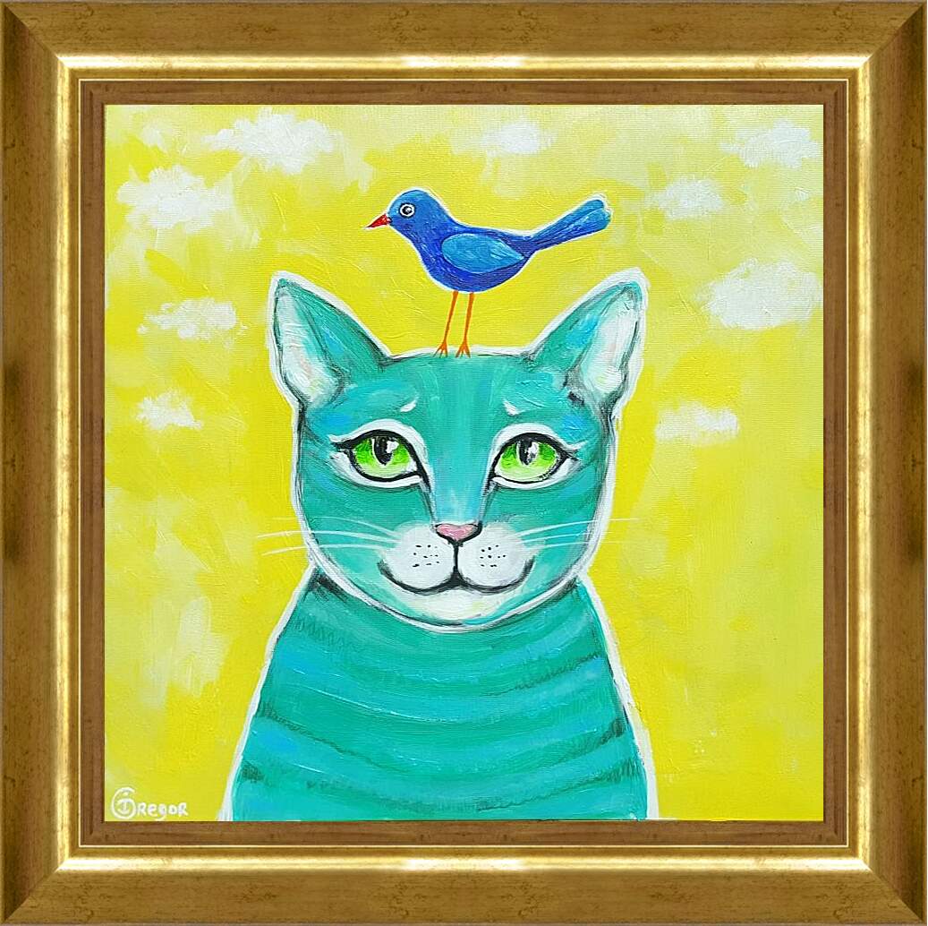 Картина в раме - Кот и птичка