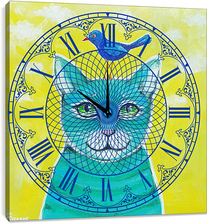 Часы картина - Кот и птичка