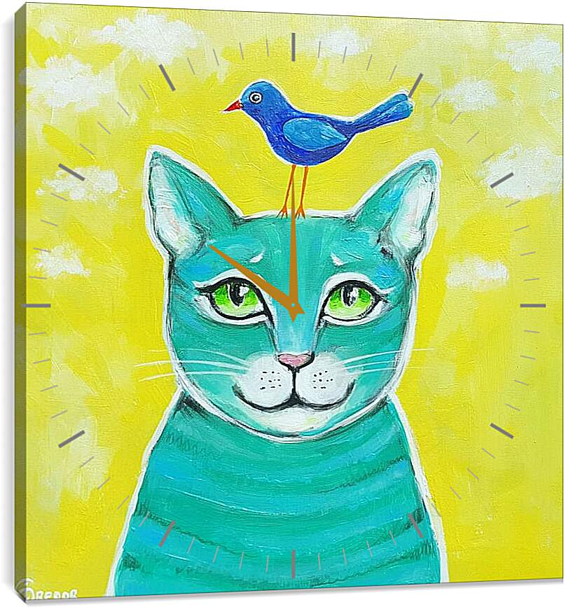 Часы картина - Кот и птичка