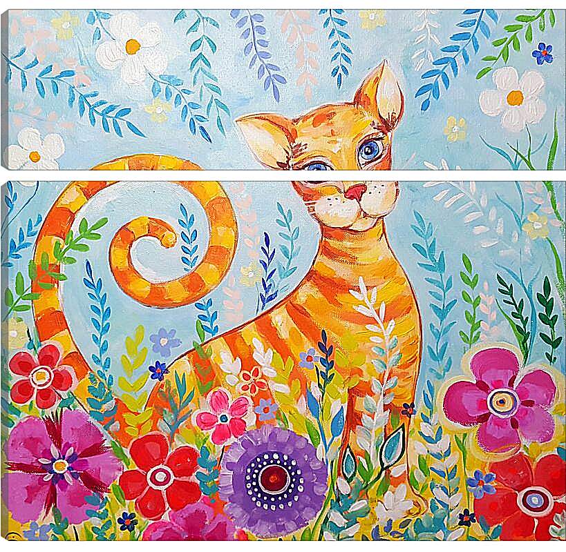 Модульная картина - Кошка в цветах