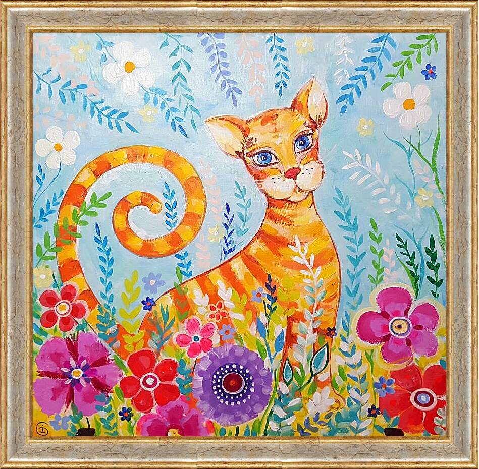 Картина в раме - Кошка в цветах
