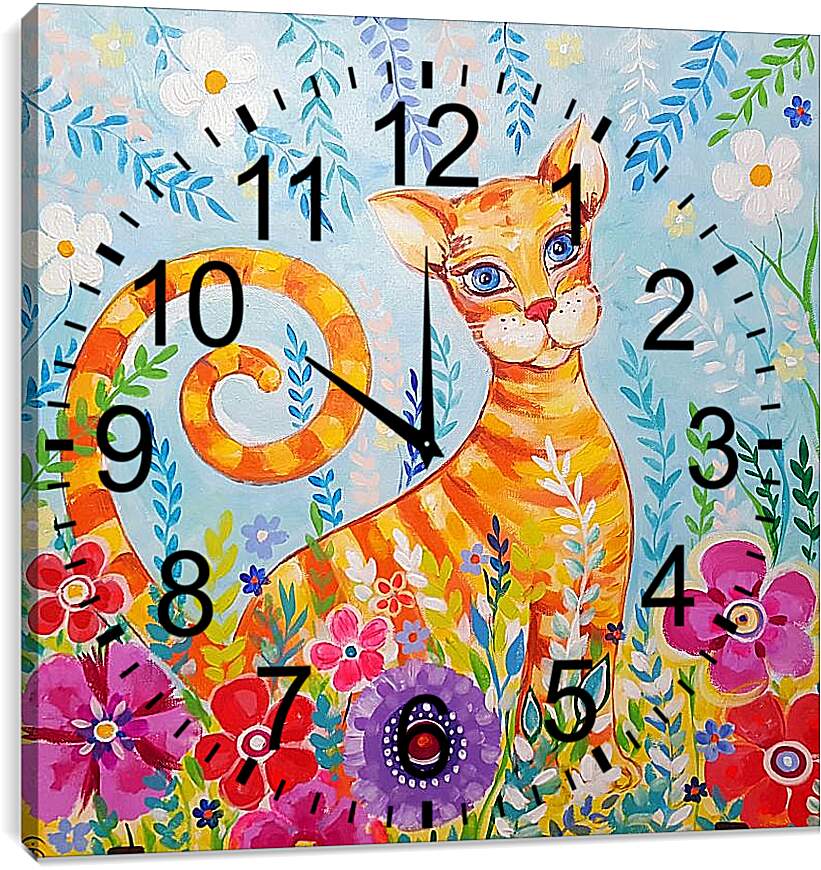 Часы картина - Кошка в цветах