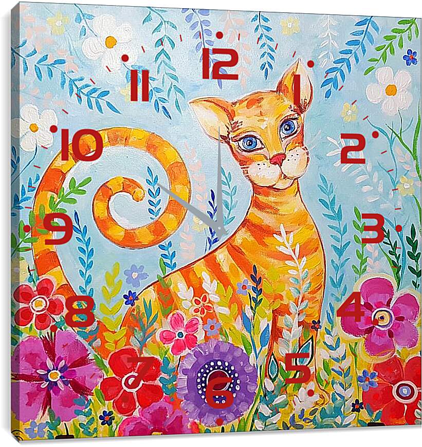 Часы картина - Кошка в цветах