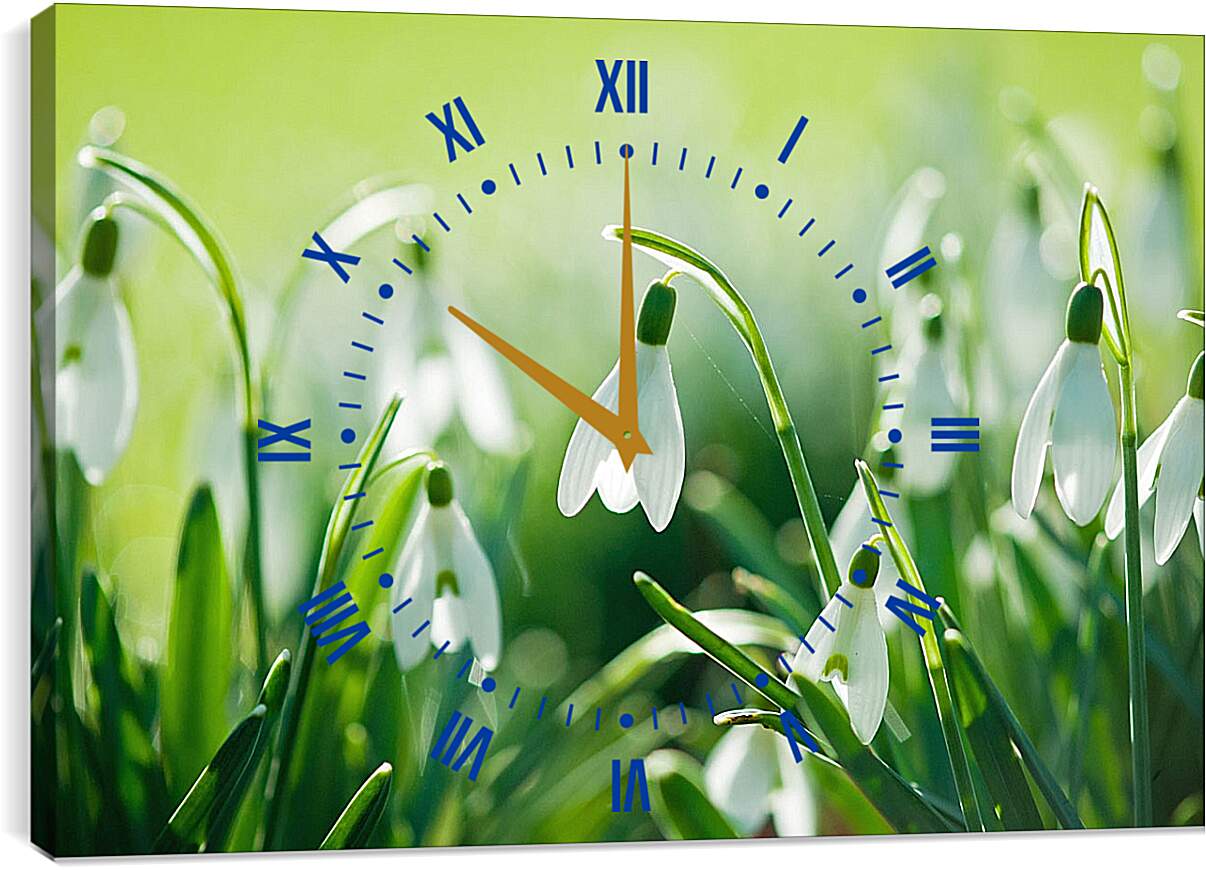 Часы картина - Подснежники в зеленой траве
