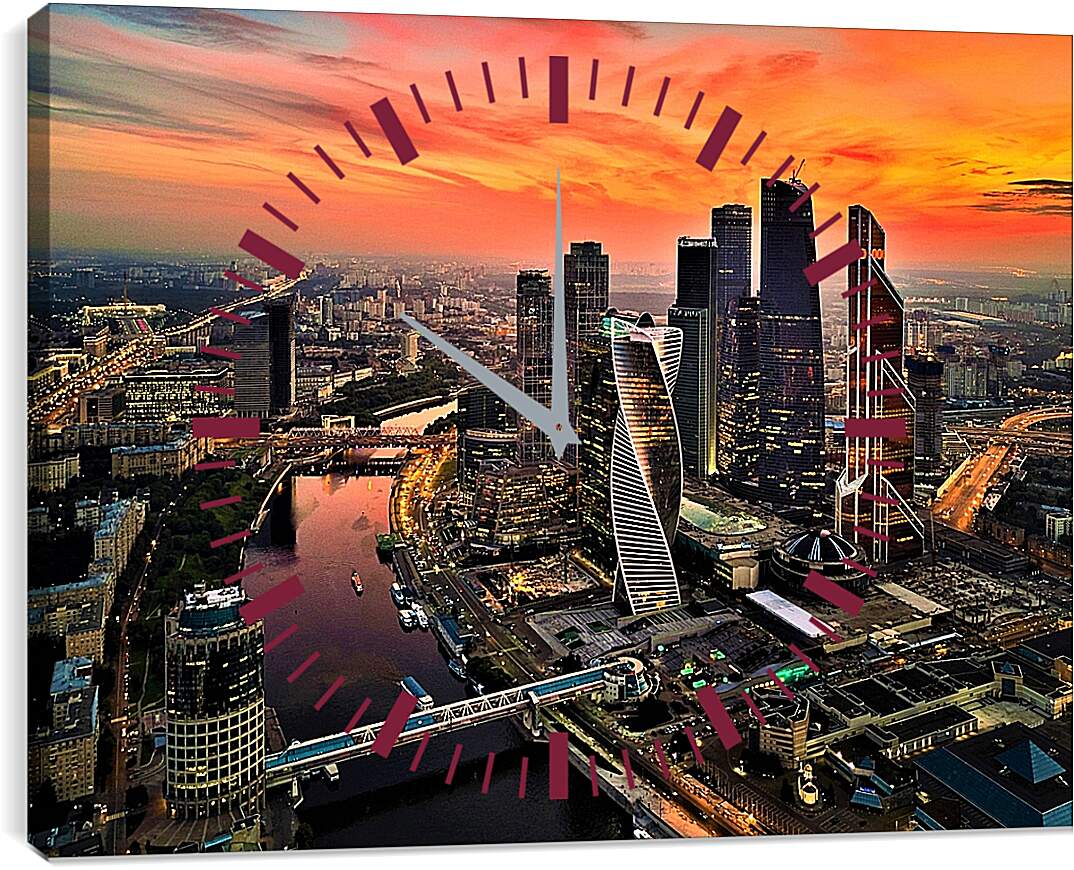 Часы картина - Москва-Сити на закате