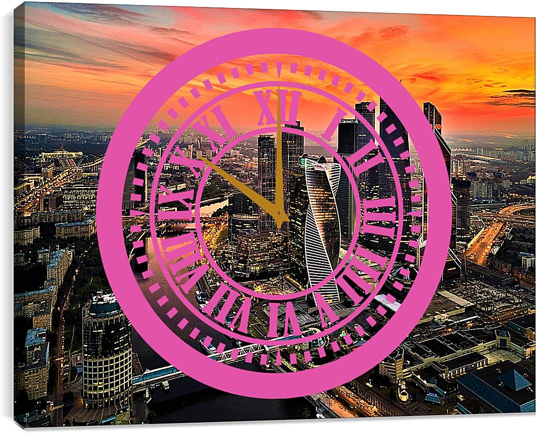 Часы картина - Москва-Сити на закате