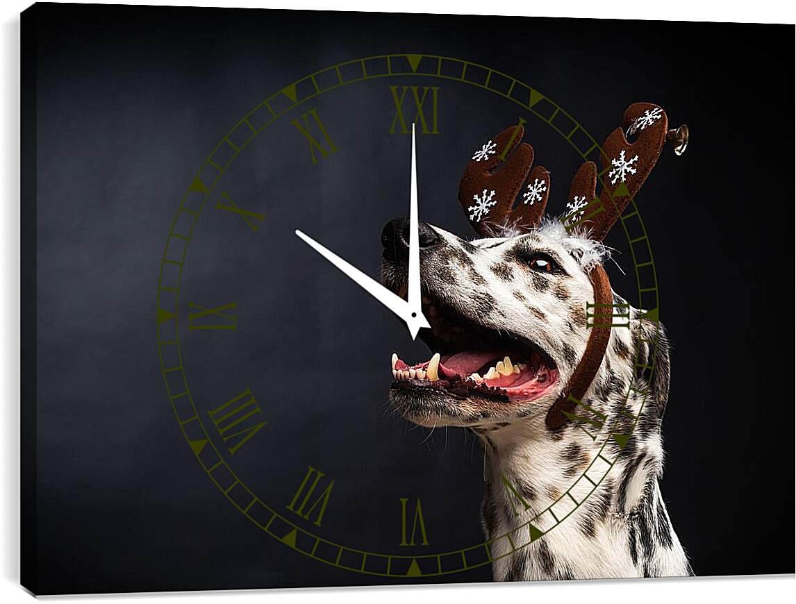Часы картина - Далматин в новогодних ушках
