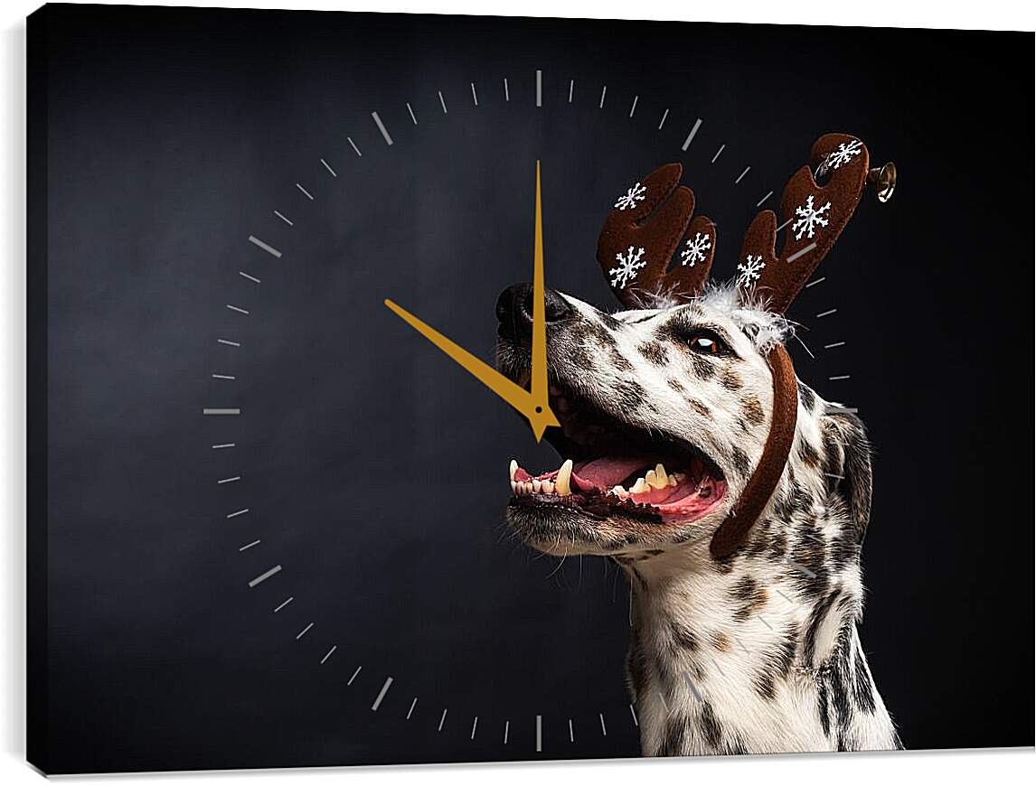 Часы картина - Далматин в новогодних ушках