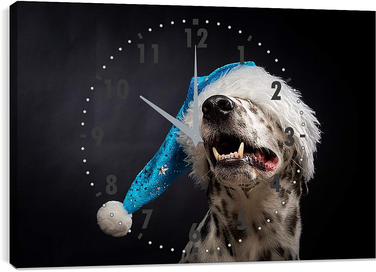 Часы картина - Далматин в новогодней шапке