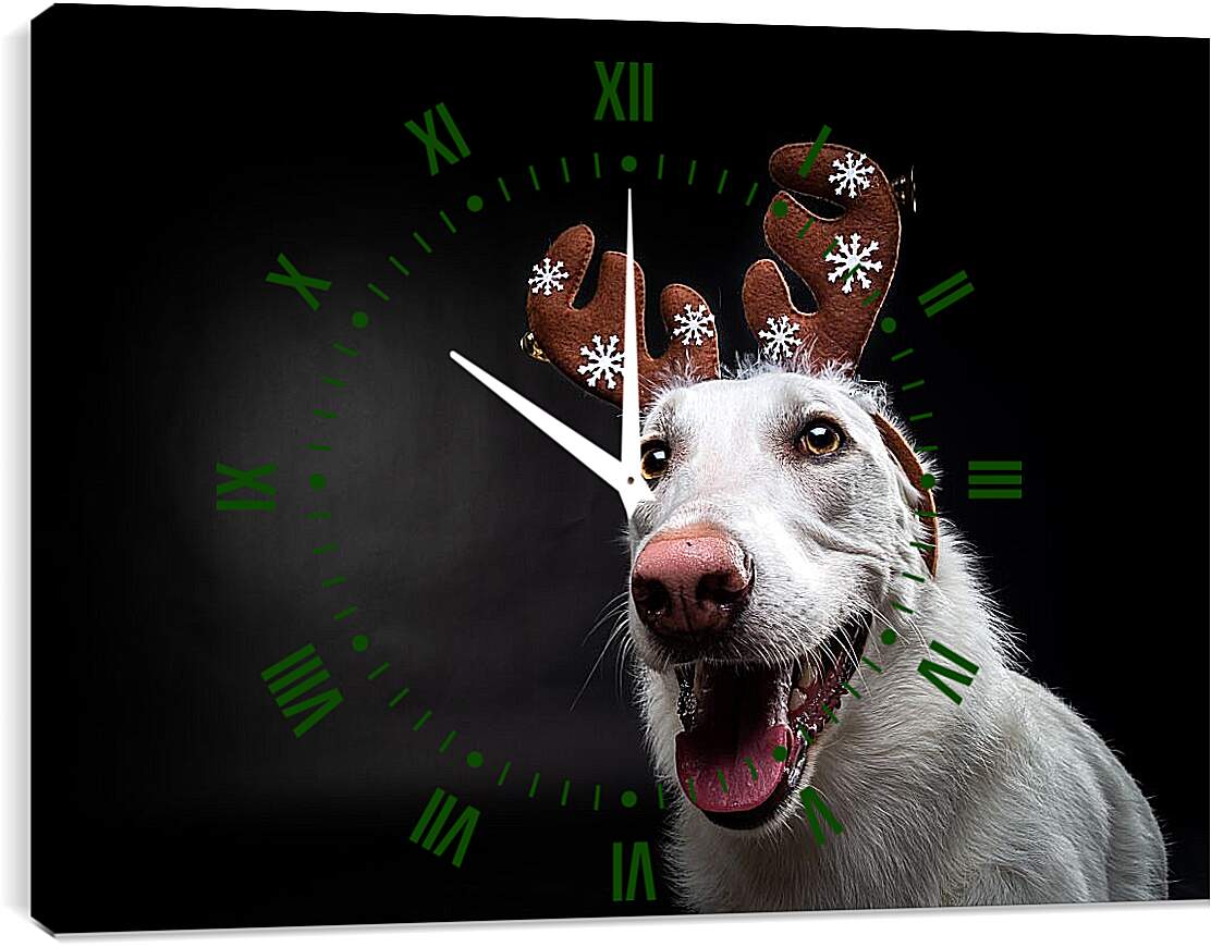 Часы картина - Собака в новогодних ушках