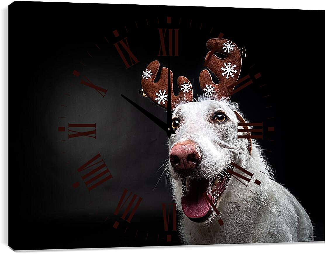 Часы картина - Собака в новогодних ушках