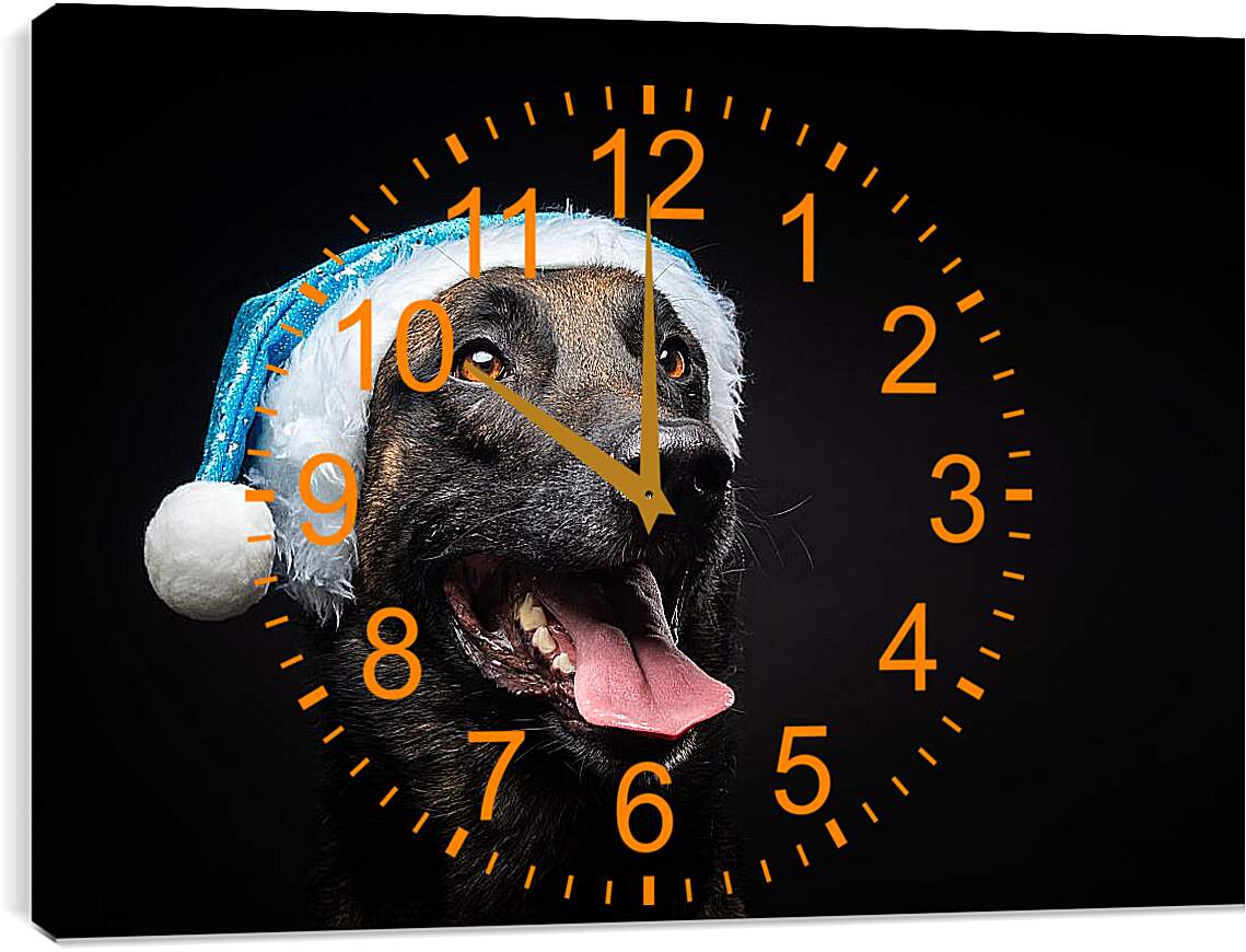 Часы картина - Собака в новогодней шапке