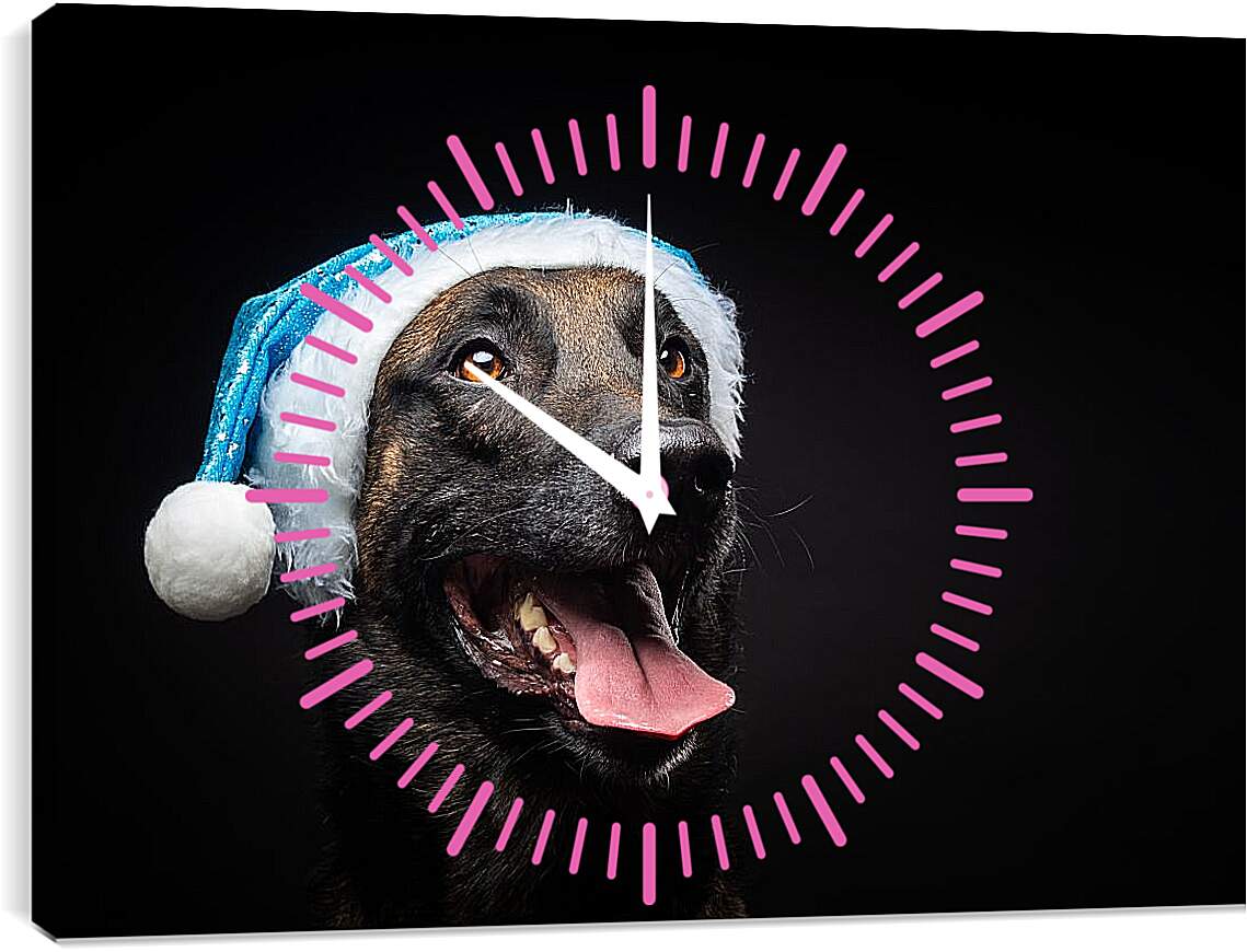 Часы картина - Собака в новогодней шапке