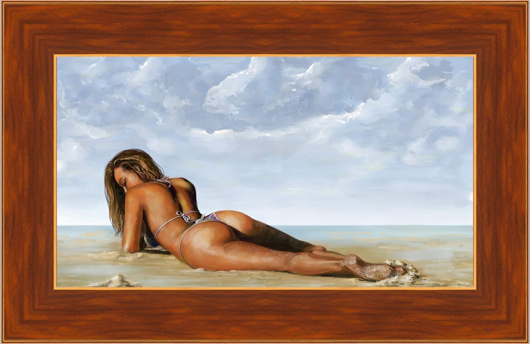 Картина в раме - Лёжа на песочке. Эротика