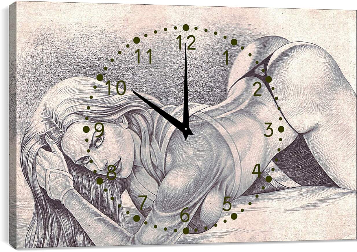 Часы картина - Рисованная карандашом. Эротика