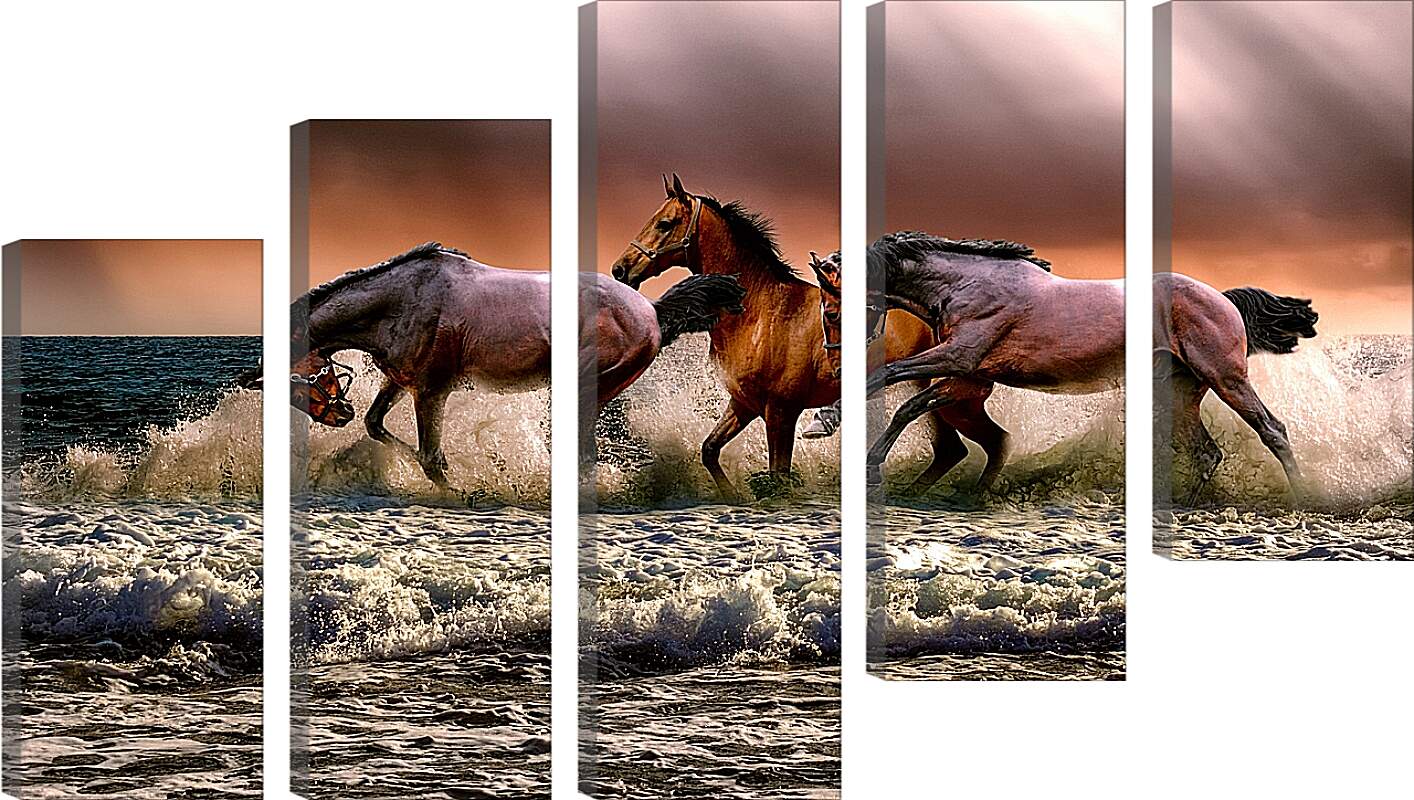 Модульная картина - Купание лошадей