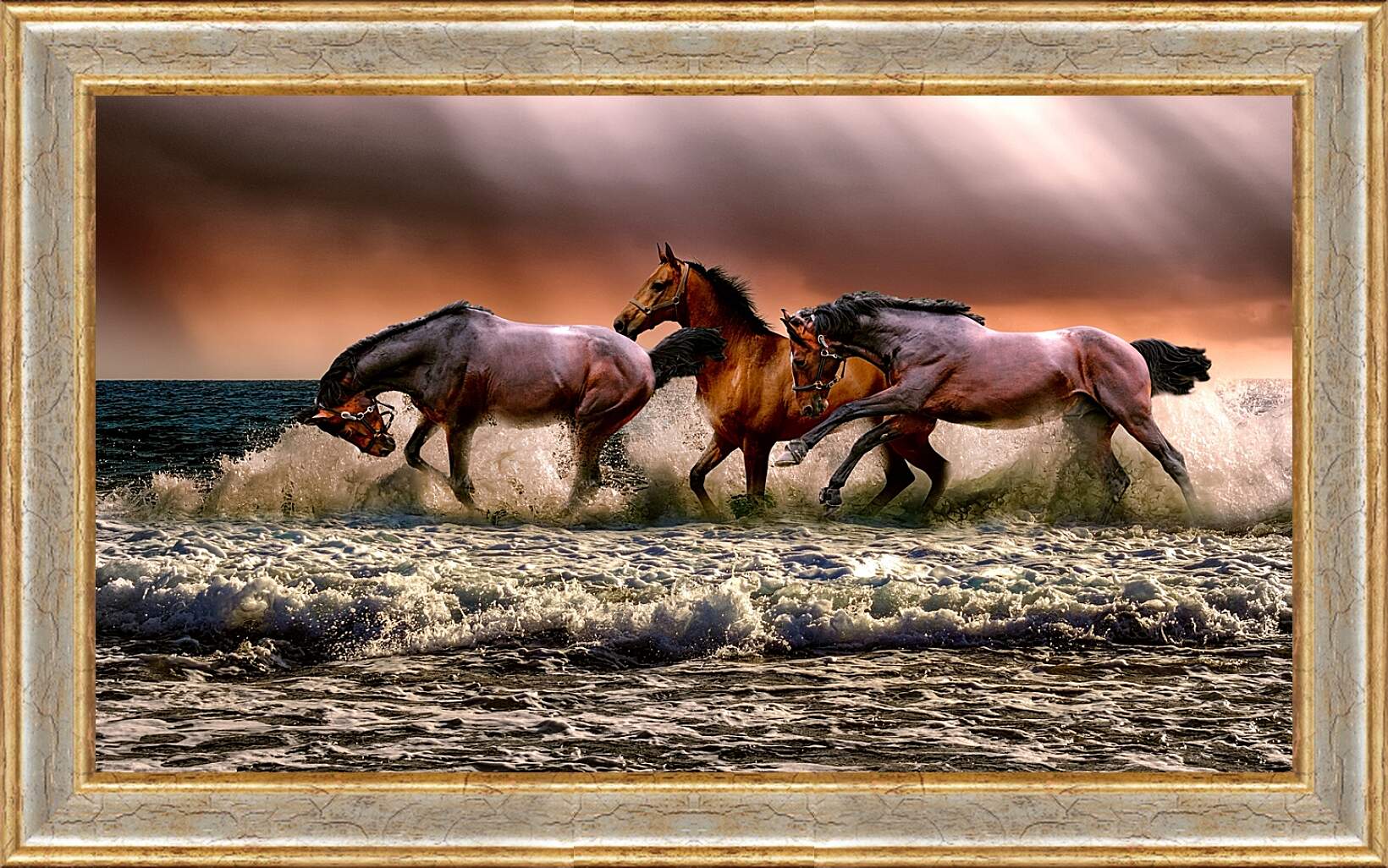 Картина в раме - Купание лошадей