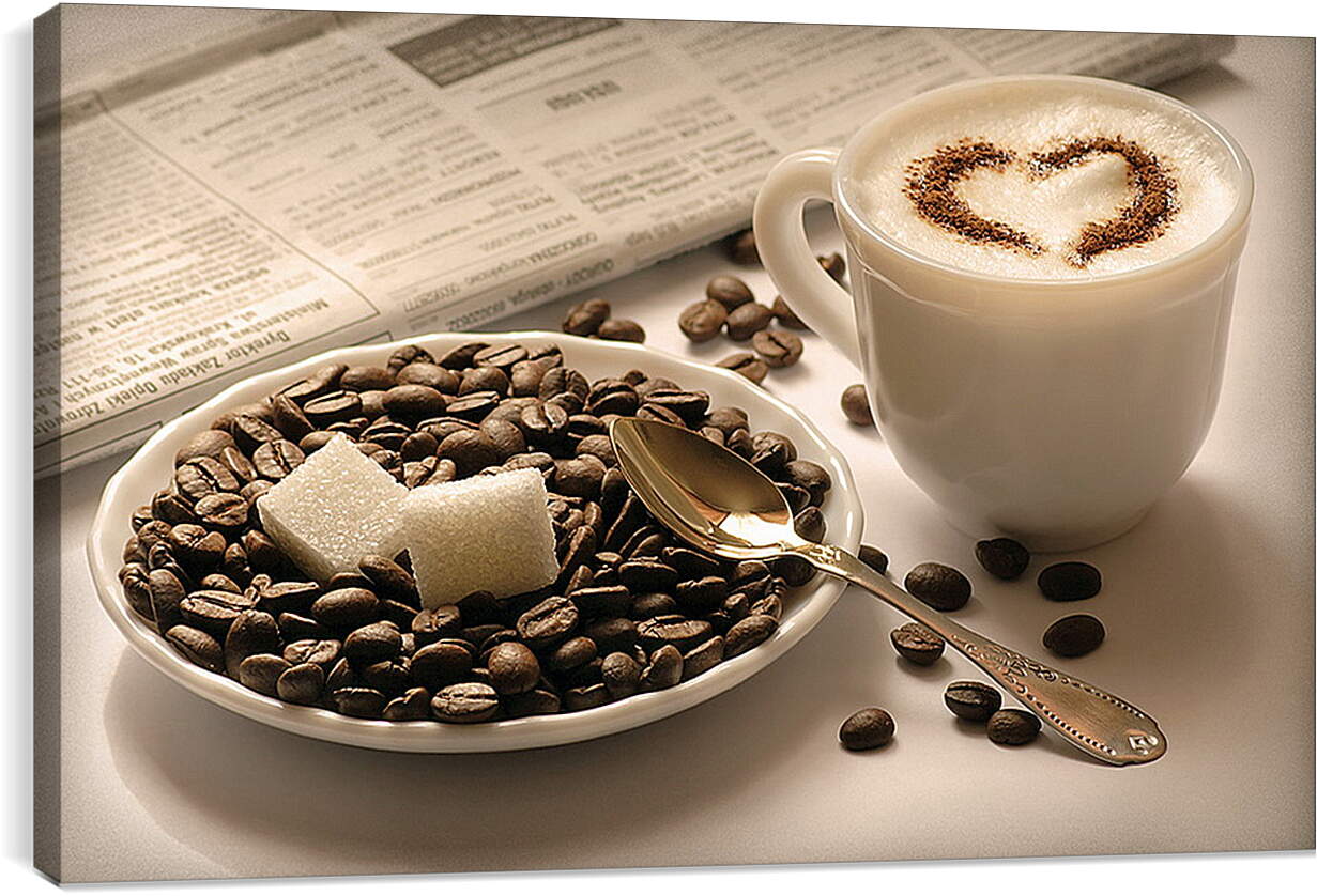 Постер и плакат - Чашка кофе и два кубика сахара на кофейных зёрнах