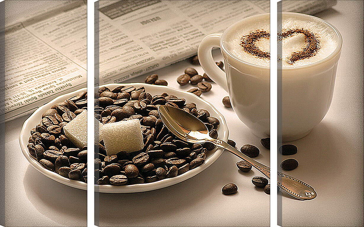 Модульная картина - Чашка кофе и два кубика сахара на кофейных зёрнах
