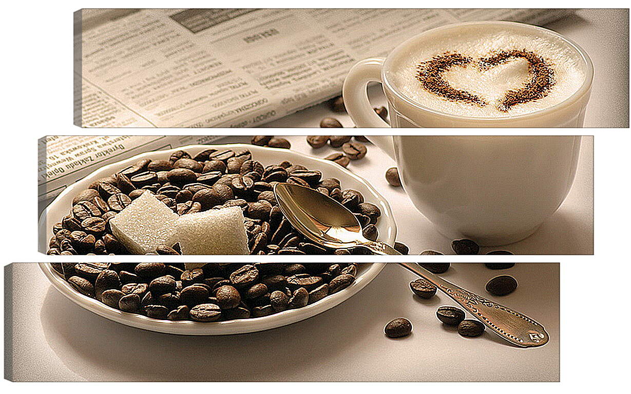 Модульная картина - Чашка кофе и два кубика сахара на кофейных зёрнах
