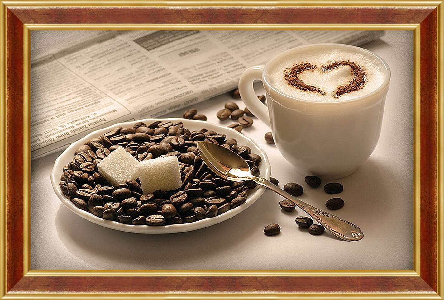 Картина в раме - Чашка кофе и два кубика сахара на кофейных зёрнах