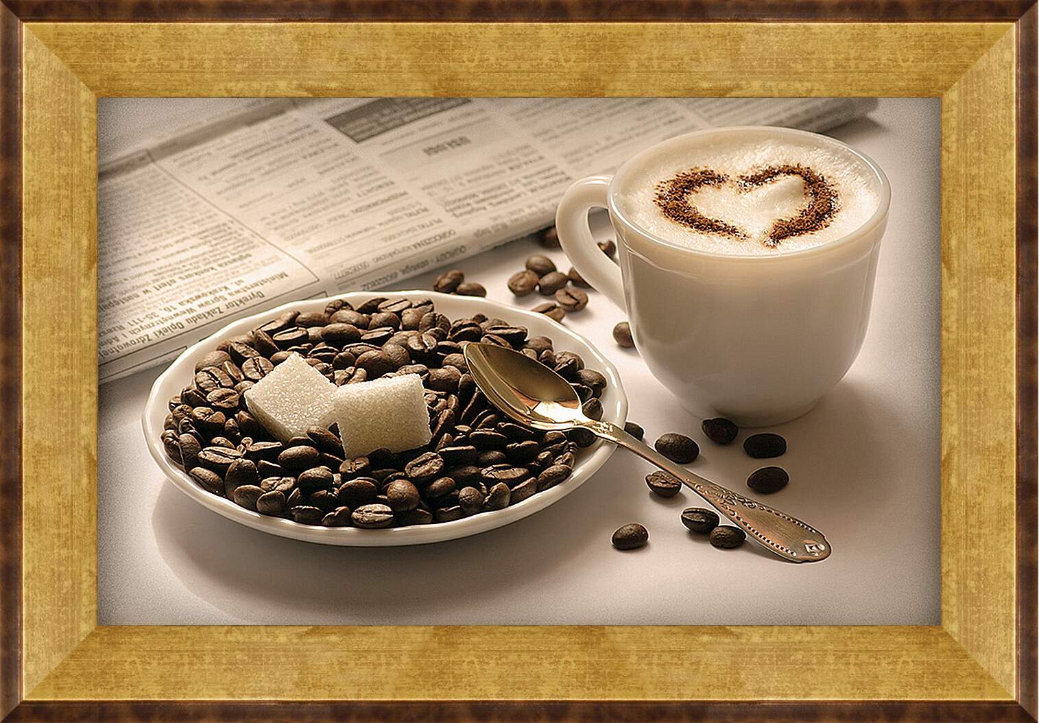 Картина в раме - Чашка кофе и два кубика сахара на кофейных зёрнах
