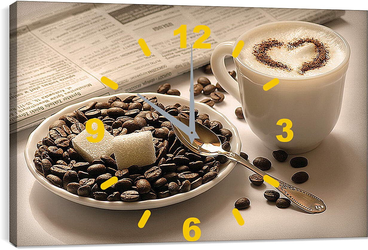 Часы картина - Чашка кофе и два кубика сахара на кофейных зёрнах