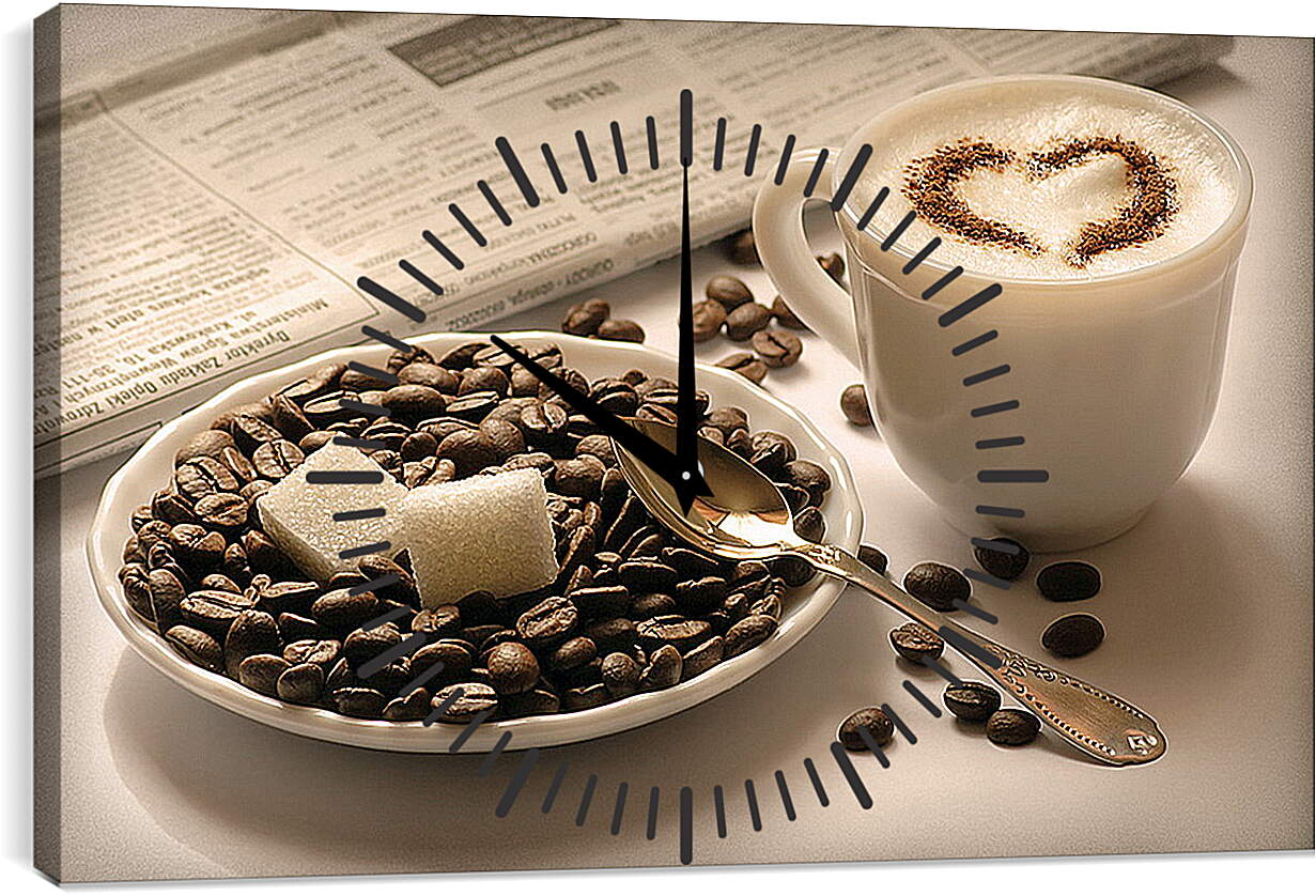 Часы картина - Чашка кофе и два кубика сахара на кофейных зёрнах