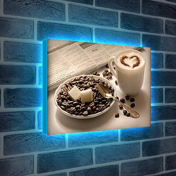 Лайтбокс световая панель - Чашка кофе и два кубика сахара на кофейных зёрнах
