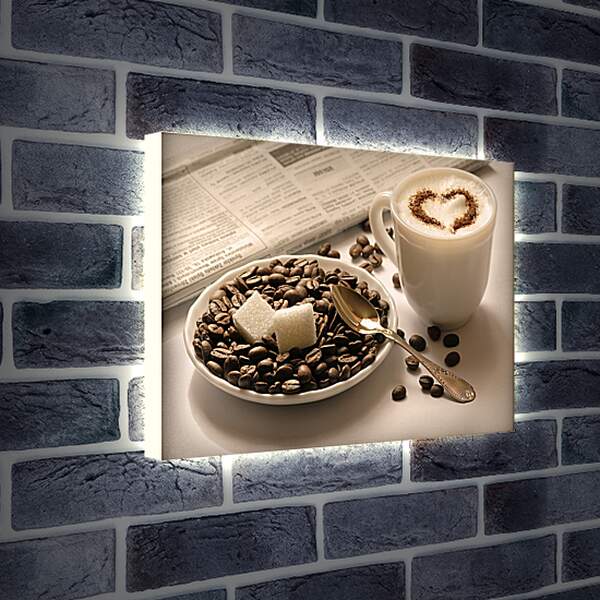 Лайтбокс световая панель - Чашка кофе и два кубика сахара на кофейных зёрнах