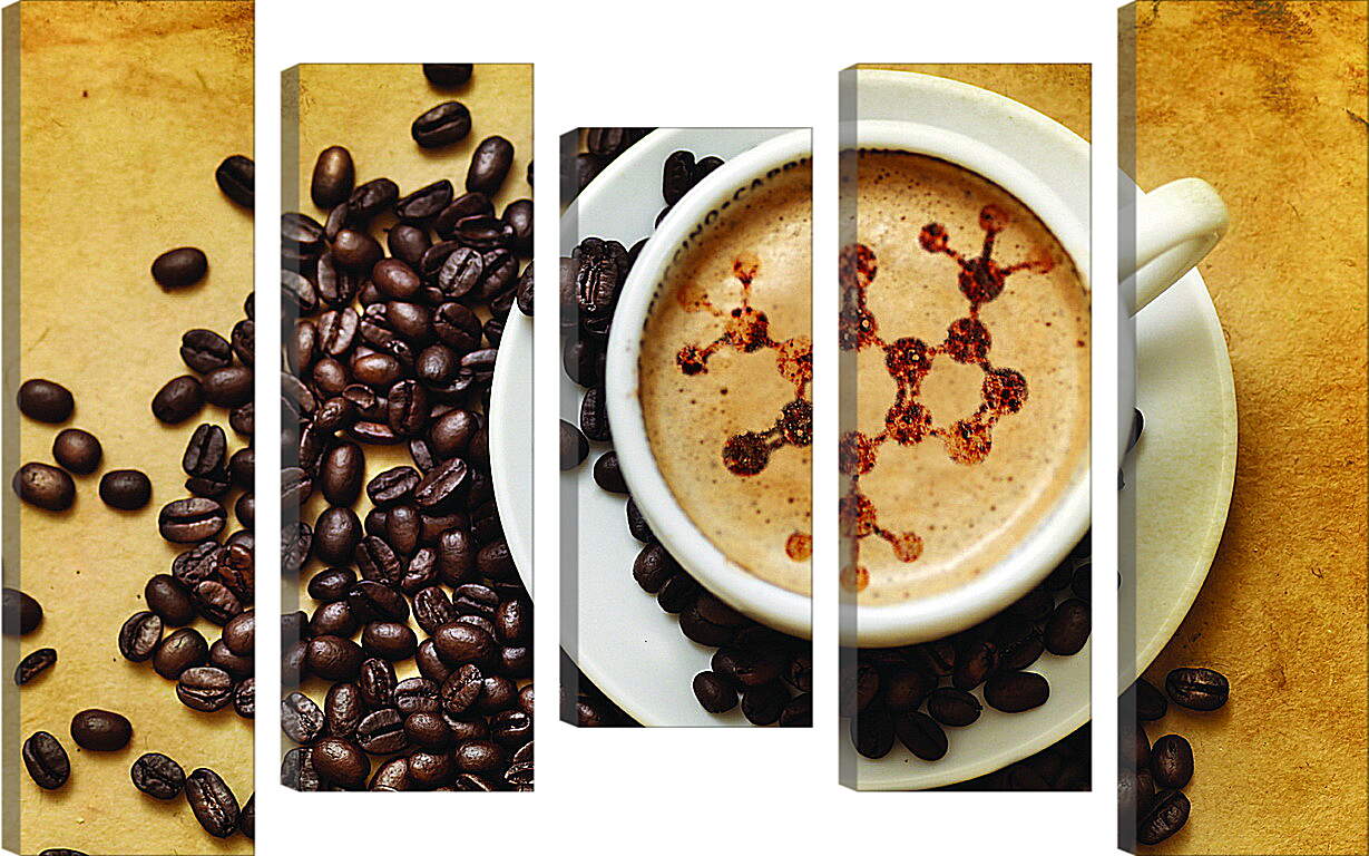 Модульная картина - Разбросанные кофейные зёрна на столе и блюдце