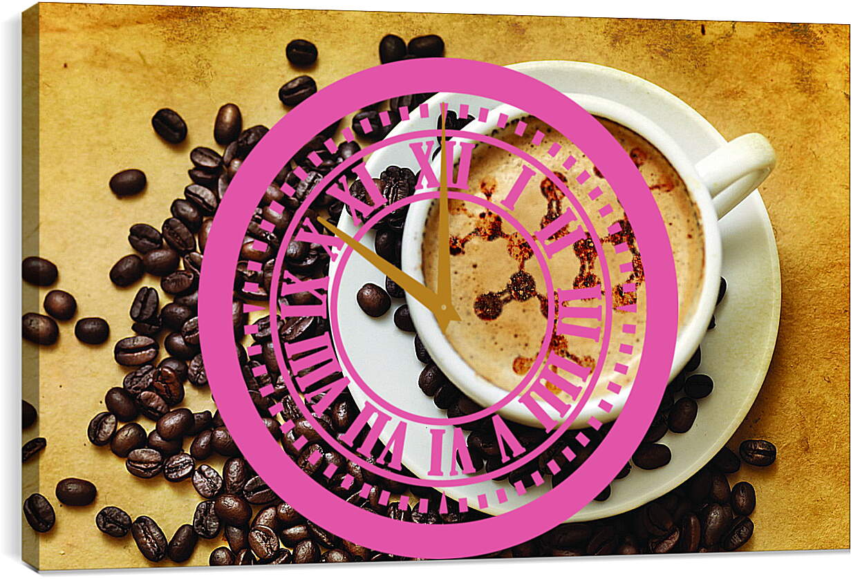 Часы картина - Разбросанные кофейные зёрна на столе и блюдце