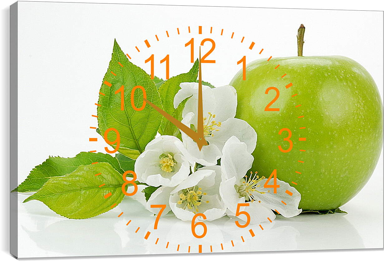 Часы картина - Зелёное яблоко и цветы